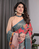 Multicolor Handloom Cotton Saree with Rajasthani Folk Dance Digital Print & Contrast Zari Border | Artistic Cultural Drape | 5.5m Saree + 0.8m Blouse