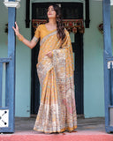 Golden Mustard Handloom Cotton Saree with Floral Vines & Graceful Deer Pallu