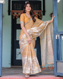 Golden Mustard Handloom Cotton Saree with Floral Vines & Graceful Deer Pallu