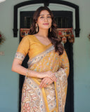 Golden Mustard Handloom Cotton Saree with Floral Vines & Graceful Deer Pallu