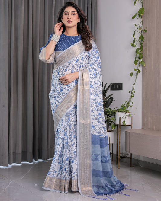 Sky Blue & White Handloom Linen Saree with Floral Vine Print, Geometric Pallu & Zari Border | 5.5m Saree + 0.8m Blouse