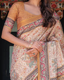 Beige & Maroon Handloom Cotton Saree with Floral Vine Print & Mythical Madhubani Cow Pallu