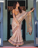 Beige & Maroon Handloom Cotton Saree with Floral Vine Print & Mythical Madhubani Cow Pallu