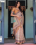 Beige & Maroon Handloom Cotton Saree with Floral Vine Print & Mythical Madhubani Cow Pallu