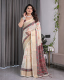 Ivory Handloom Linen Saree with Maroon Tribal Digital Print & Zari Border | Ethnic Chic | 5.5m Saree + 0.8m Blouse