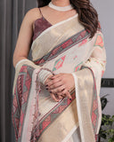 Ivory Handloom Linen Saree with Maroon Tribal Digital Print & Zari Border | Ethnic Chic | 5.5m Saree + 0.8m Blouse