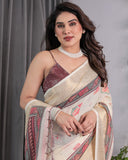 Ivory Handloom Linen Saree with Maroon Tribal Digital Print & Zari Border | Ethnic Chic | 5.5m Saree + 0.8m Blouse