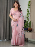 Blush Pink Satin Georgette Floral Printed Saree with Attached Blouse – Soft Pastel Designer Saree for Festive & Elegant Wear