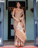 Terracotta Peach Handloom Cotton Saree with Multicolor Floral Vines & Kalamkari-Inspired Pallu