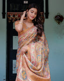 Terracotta Peach Handloom Cotton Saree with Multicolor Floral Vines & Kalamkari-Inspired Pallu