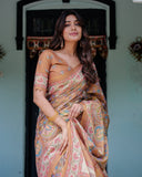 Terracotta Peach Handloom Cotton Saree with Multicolor Floral Vines & Kalamkari-Inspired Pallu