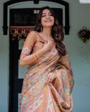 Terracotta Peach Handloom Cotton Saree with Multicolor Floral Vines & Kalamkari-Inspired Pallu