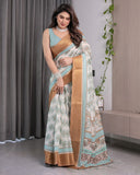 Ivory Handloom Linen Saree with Aqua Blue Mandala Motifs & Copper Zari Border | Artistic Printed Pallu & Tassels | 5.5m Saree + 0.8m Blouse