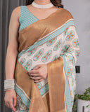 Ivory Handloom Linen Saree with Aqua Blue Mandala Motifs & Copper Zari Border | Artistic Printed Pallu & Tassels | 5.5m Saree + 0.8m Blouse