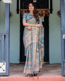 Divine Blue Handloom Cotton Saree with Shankh & Krishna Pallu Motifs – Temple Border & Tassels
