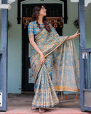 Divine Blue Handloom Cotton Saree with Shankh & Krishna Pallu Motifs – Temple Border & Tassels