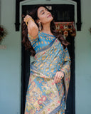 Divine Blue Handloom Cotton Saree with Shankh & Krishna Pallu Motifs – Temple Border & Tassels