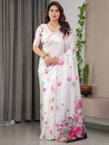 White Satin Georgette Floral Printed Saree with Pink Blossom Border & Attached Blouse – Elegant Lightweight Designer Drape