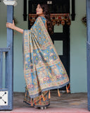 Divine Blue Handloom Cotton Saree with Shankh & Krishna Pallu Motifs – Temple Border & Tassels