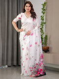 White Satin Georgette Floral Printed Saree with Pink Blossom Border & Attached Blouse – Elegant Lightweight Designer Drape