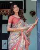 Rust Beige Handloom Cotton Saree with Vibrant Elephant Parade Print & Red Floral Pallu