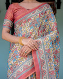 Rust Beige Handloom Cotton Saree with Vibrant Elephant Parade Print & Red Floral Pallu