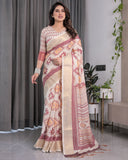 Beige Handloom Linen Saree with Maroon Tribal Geometric Digital Print & Zari Border | Festive Drape | 5.5m Saree + 0.8m Blouse
