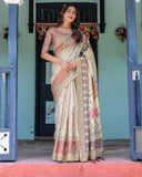 Ivory Brown Handloom Cotton Saree with Classical Dancer Motifs & Madhubani-Inspired Pallu