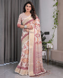Beige Handloom Linen Saree with Maroon Tribal Geometric Digital Print & Zari Border | Festive Drape | 5.5m Saree + 0.8m Blouse