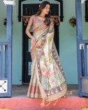 Ivory Brown Handloom Cotton Saree with Classical Dancer Motifs & Madhubani-Inspired Pallu