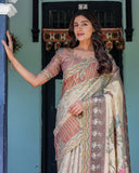 Ivory Brown Handloom Cotton Saree with Classical Dancer Motifs & Madhubani-Inspired Pallu
