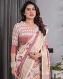 Beige Handloom Linen Saree with Maroon Tribal Geometric Digital Print & Zari Border | Festive Drape | 5.5m Saree + 0.8m Blouse