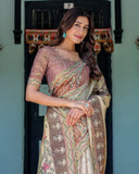 Ivory Brown Handloom Cotton Saree with Classical Dancer Motifs & Madhubani-Inspired Pallu