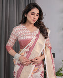 Beige Handloom Linen Saree with Maroon Tribal Geometric Digital Print & Zari Border | Festive Drape | 5.5m Saree + 0.8m Blouse