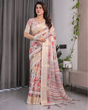 Cream Handloom Linen Saree with Multicolor Floral Print & Striped Pallu | Zari Border & Tassels | 5.5m Saree + 0.8m Blouse