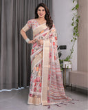 Cream Handloom Linen Saree with Multicolor Floral Print & Striped Pallu | Zari Border & Tassels | 5.5m Saree + 0.8m Blouse