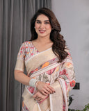 Cream Handloom Linen Saree with Multicolor Floral Print & Striped Pallu | Zari Border & Tassels | 5.5m Saree + 0.8m Blouse