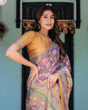 Royal Violet Handloom Cotton Saree with Cow Motifs & Temple Pallu Art