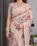 Cream Handloom Linen Saree with Multicolor Floral Print & Striped Pallu | Zari Border & Tassels | 5.5m Saree + 0.8m Blouse