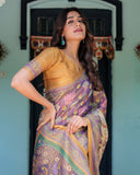 Royal Violet Handloom Cotton Saree with Cow Motifs & Temple Pallu Art