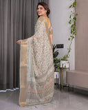 Ivory Beige Handloom Linen Saree with Multicolor Leaf Print & Tribal Geometric Pallu | Zari Border | 5.5m Saree + 0.8m Blouse with Tassels