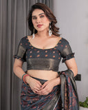 Charcoal Grey Digital Printed Saree with Maroon Floral & Tribal Border Motifs | Antique Zari Highlights | 5.5m Saree + 0.8m Blouse Piece