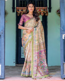 Ivory & Violet Handloom Cotton Saree with Royal Procession & Tree of Life Pallu
