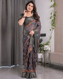 Charcoal Grey Digital Printed Saree with Maroon Floral & Tribal Border Motifs | Antique Zari Highlights | 5.5m Saree + 0.8m Blouse Piece