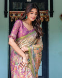 Ivory & Violet Handloom Cotton Saree with Royal Procession & Tree of Life Pallu