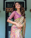 Ivory & Violet Handloom Cotton Saree with Royal Procession & Tree of Life Pallu