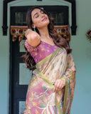 Ivory & Violet Handloom Cotton Saree with Royal Procession & Tree of Life Pallu