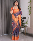 Vibrant Orange & Navy Blue Handloom Saree with Kalamkari Peacock Art Pallu & Zari Border | 5.5m Saree + 0.8m Blouse Piece