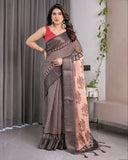 Elegant Beige Handloom Saree with Maroon Leaf Butta & Black Zari Woven Pallu | Festive Drape | 5.5m Saree + 0.8m Blouse
