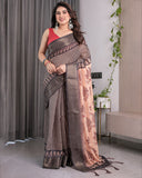 Elegant Beige Handloom Saree with Maroon Leaf Butta & Black Zari Woven Pallu | Festive Drape | 5.5m Saree + 0.8m Blouse